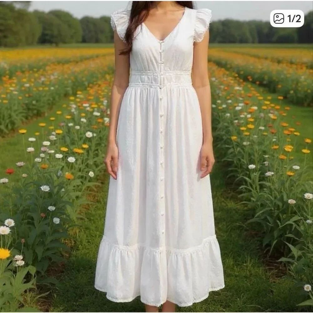 Rachel Zoe White Embroidered Button Front Ruffled Cap Sleeve Maxi Dress Size 4